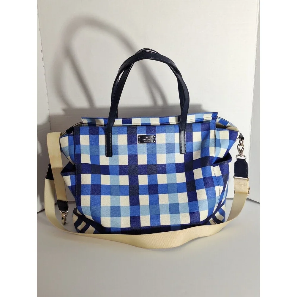Kate Spade New York Grove Street Kaylie Plaid Diaper Bag Blue White Travel Bag